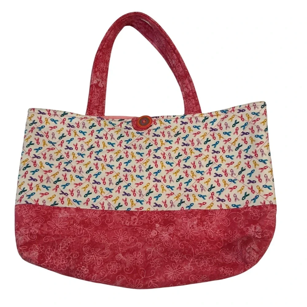 Quilted Tote Bag Womens Large Pink Awareness Ribbon Floral Excellent